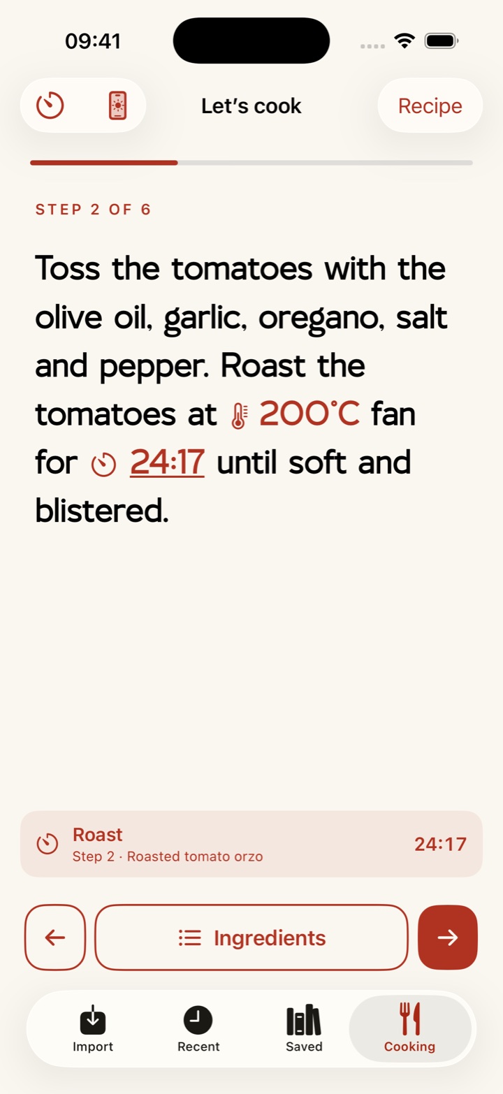 Copy+Pasta cooking step with a highlighted oven temperature, tappable cooking time and a running tomato-roasting timer