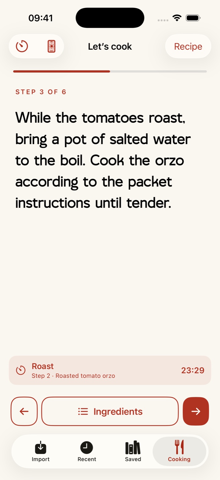 Step-by-step cooking with ingredients within reach and a timer continuing from the previous step