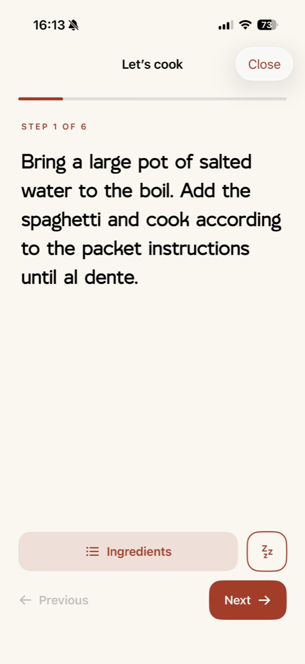 copy+pasta cooking view showing the first step and the ingredients button