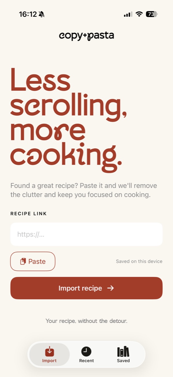 copy+pasta import screen: paste a recipe link and start cooking