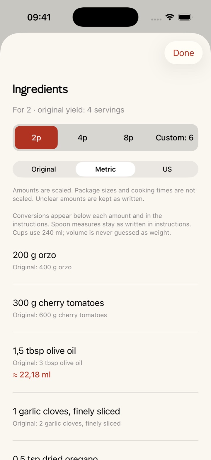 Copy+Pasta ingredients with serving controls and Original, Metric and US options