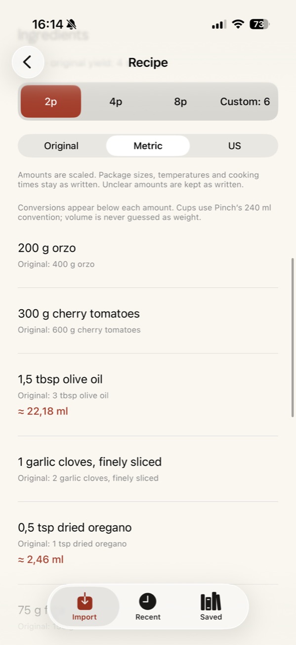 Roasted tomato orzo ingredients scaled to two people, with metric conversions