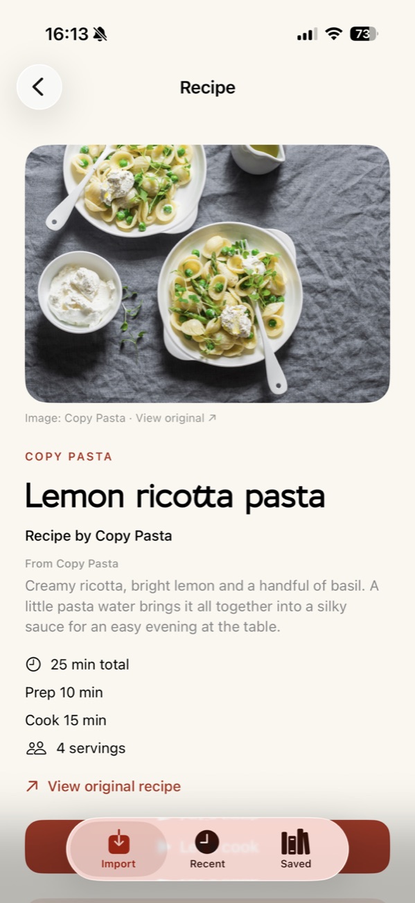 Lemon ricotta pasta overview in copy+pasta, with its source, summary and cooking times