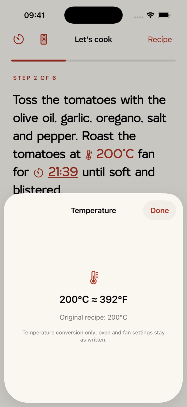 A temperature conversion opened from a cooking instruction: 200°C equals 392°F